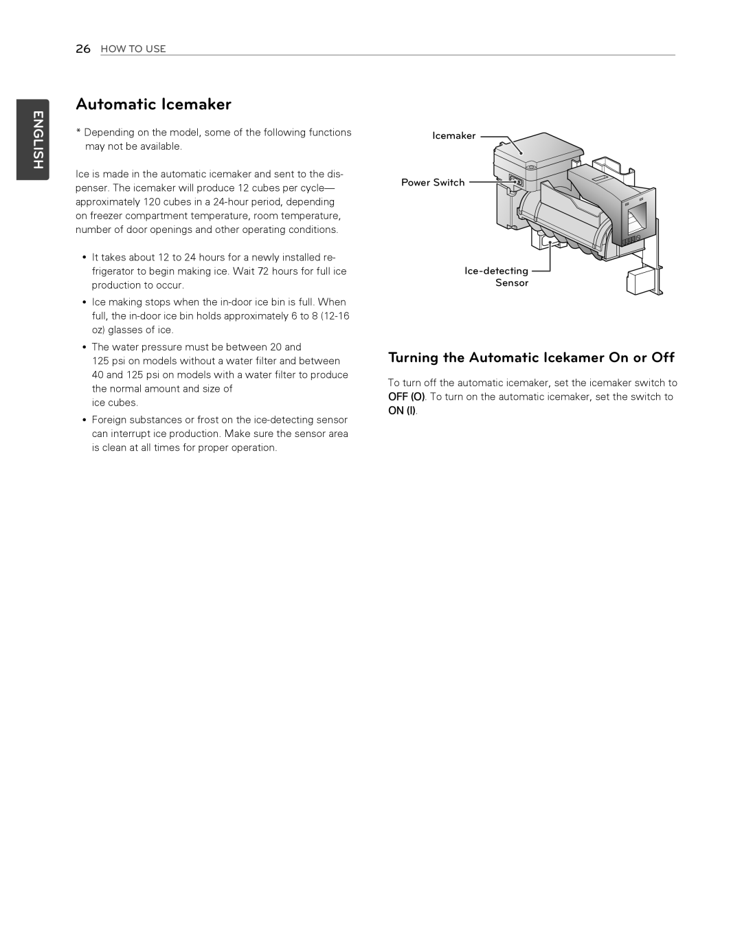 LG Electronics LFX25974SB, LFX25974ST owner manual Automatic Icemaker, Turning the Automatic Icekamer On or Off 