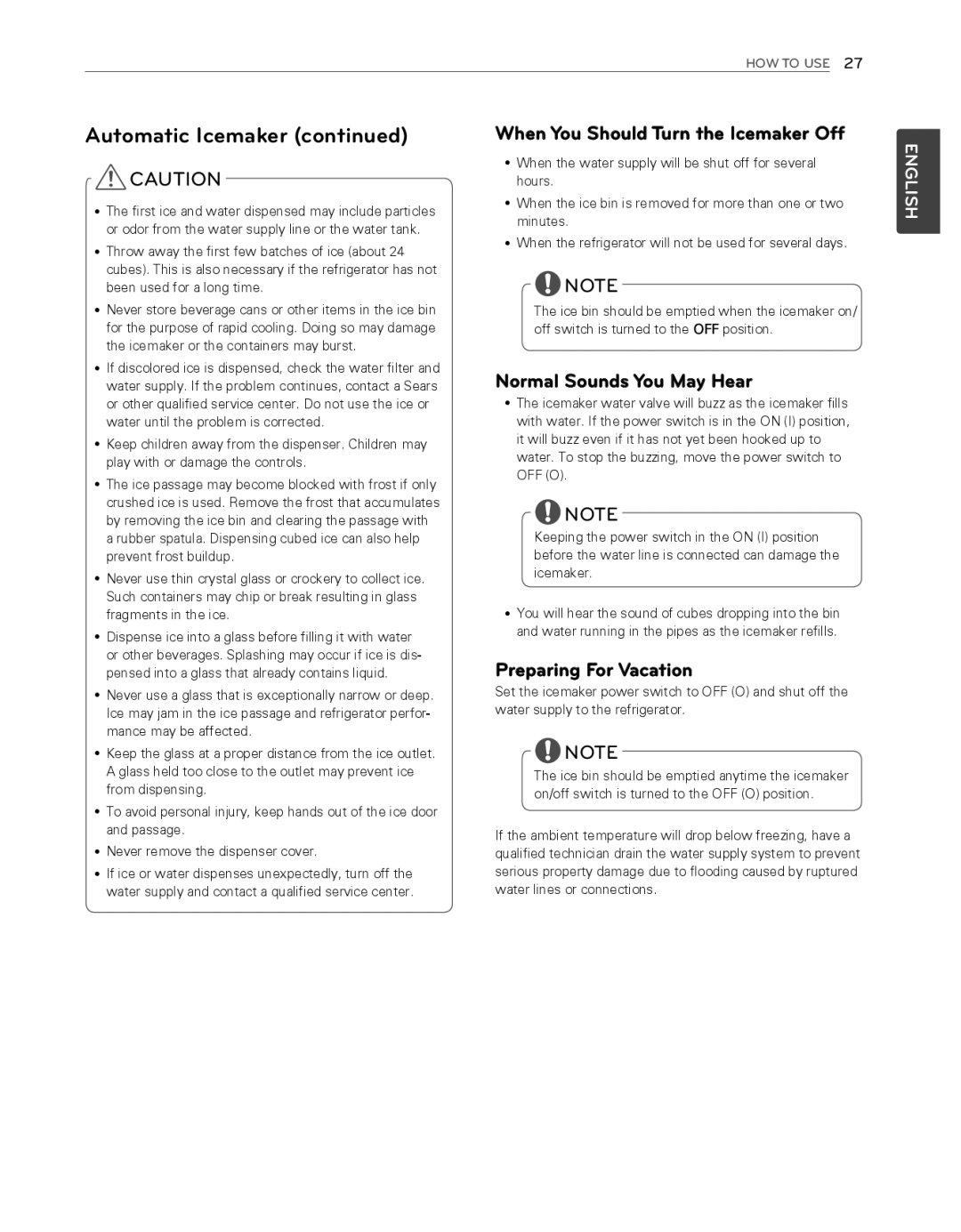 LG Electronics LFX25974ST When You Should Turn the Icemaker Off, Normal Sounds You May Hear, Preparing For Vacation 