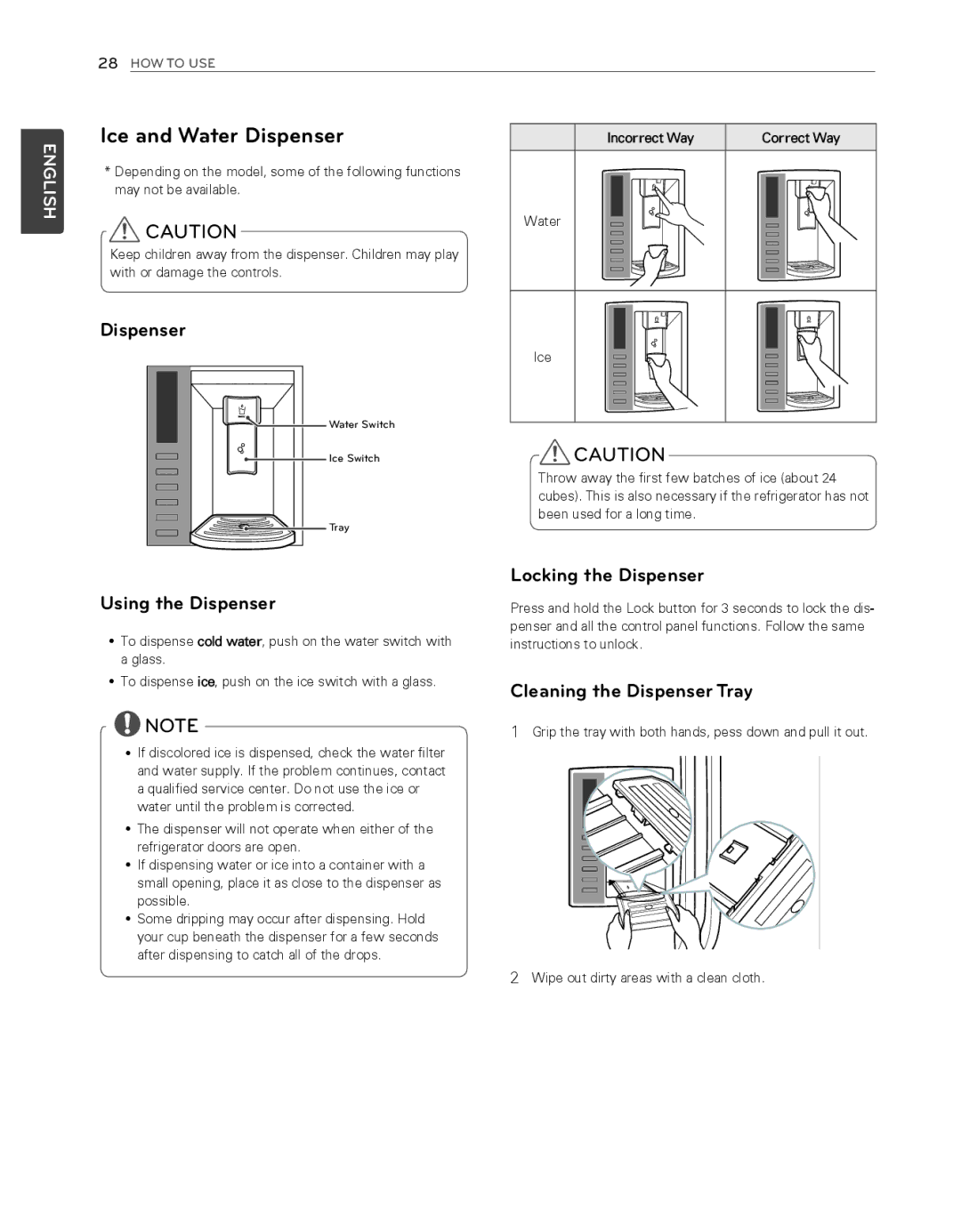 LG Electronics LFX25974SB Ice and Water Dispenser, Using the Dispenser, Locking the Dispenser, Cleaning the Dispenser Tray 