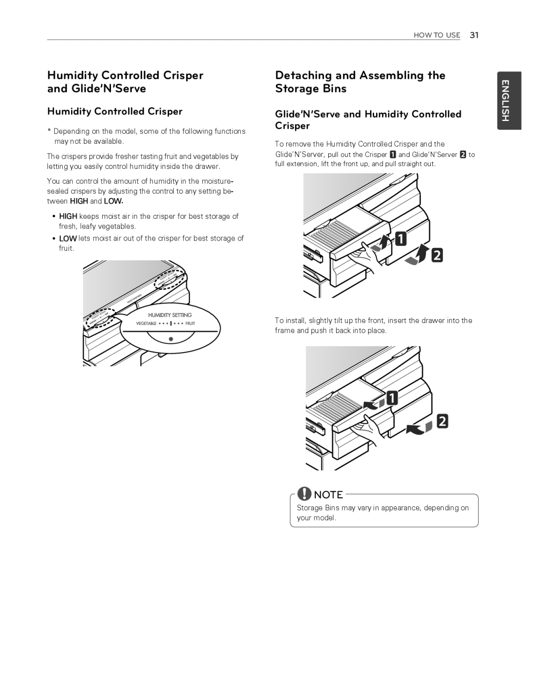 LG Electronics LFX25974ST Humidity Controlled Crisper and Glide’N’Serve, Detaching and Assembling the Storage Bins 