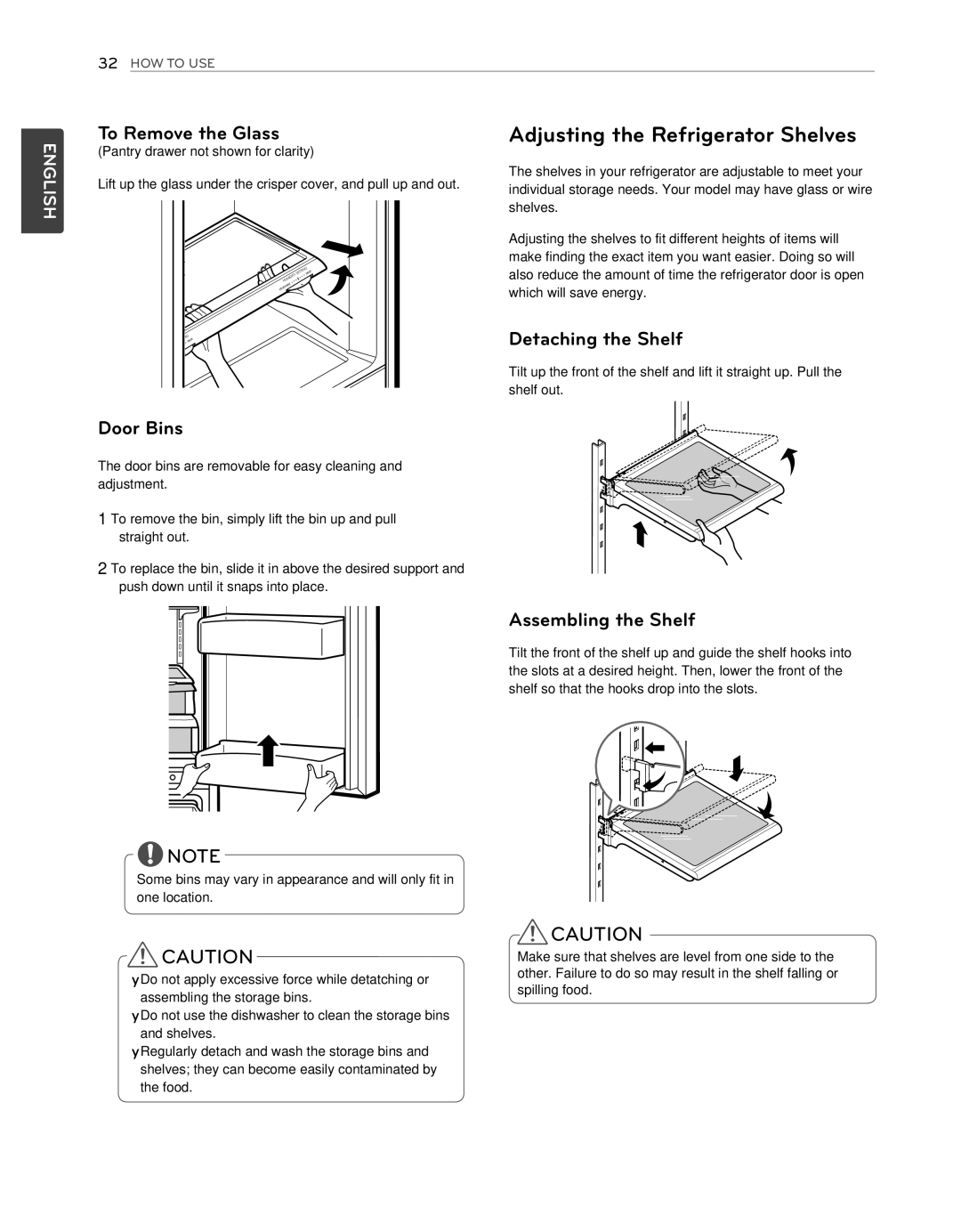 LG Electronics LFX25974SB Adjusting the Refrigerator Shelves, To Remove the Glass, Door Bins, Detaching the Shelf 