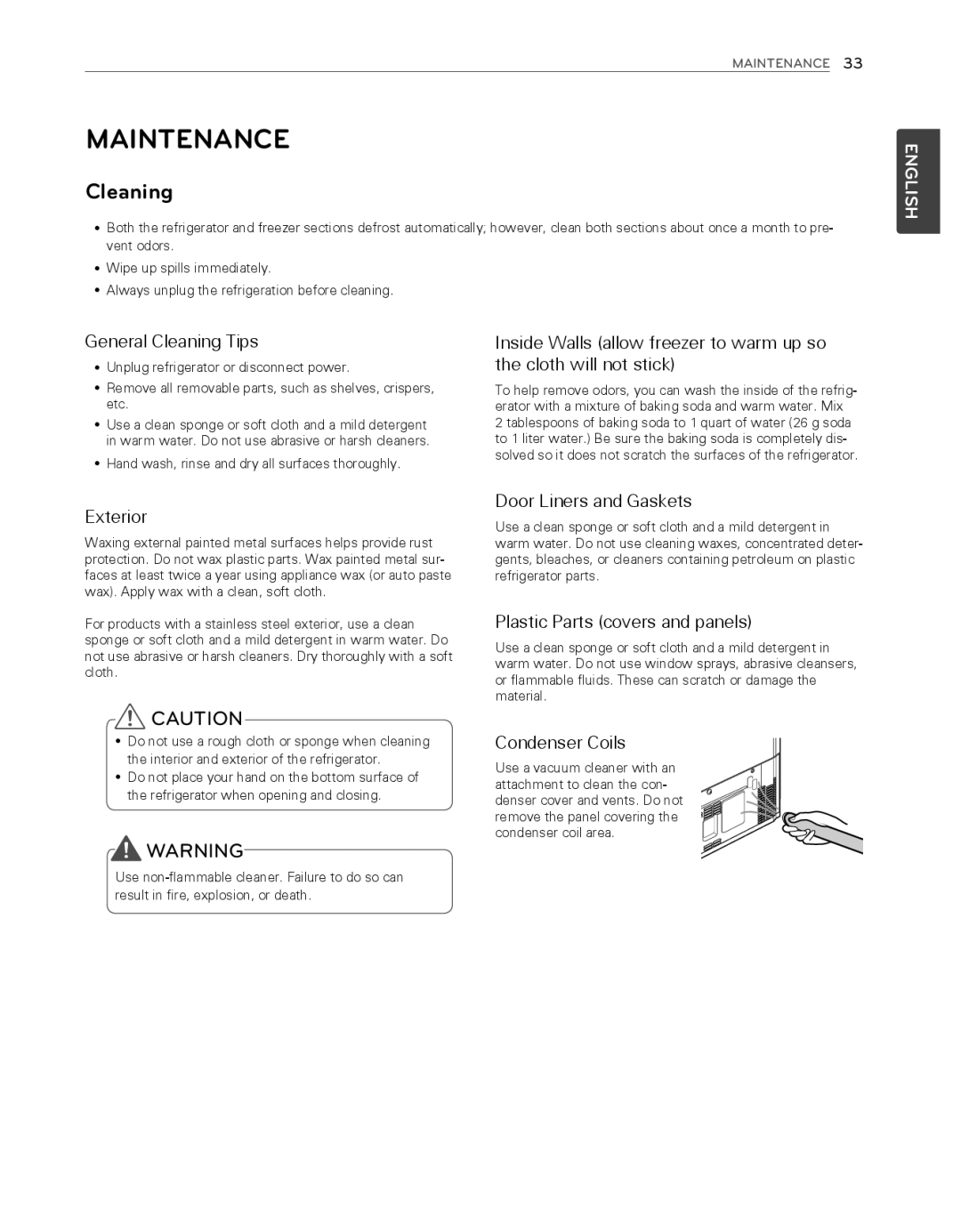 LG Electronics LFX25974ST, LFX25974SB owner manual Maintenance, Cleaning, Hand wash, rinse and dry all surfaces thoroughly 