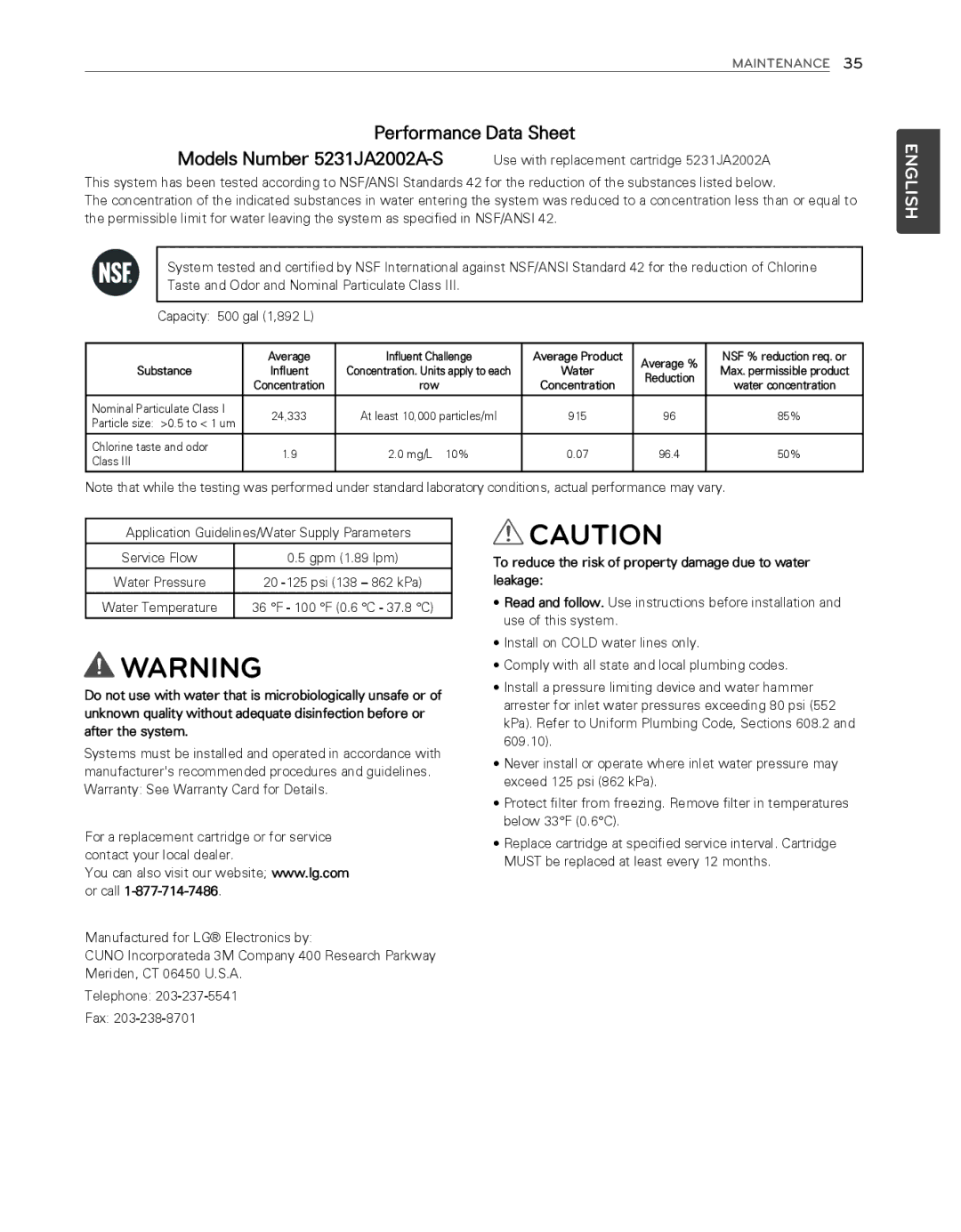 LG Electronics LFX25974ST 20 -125 psi 862 kPa, 100 F 37.8 C, To reduce the risk of property damage due to water leakage 