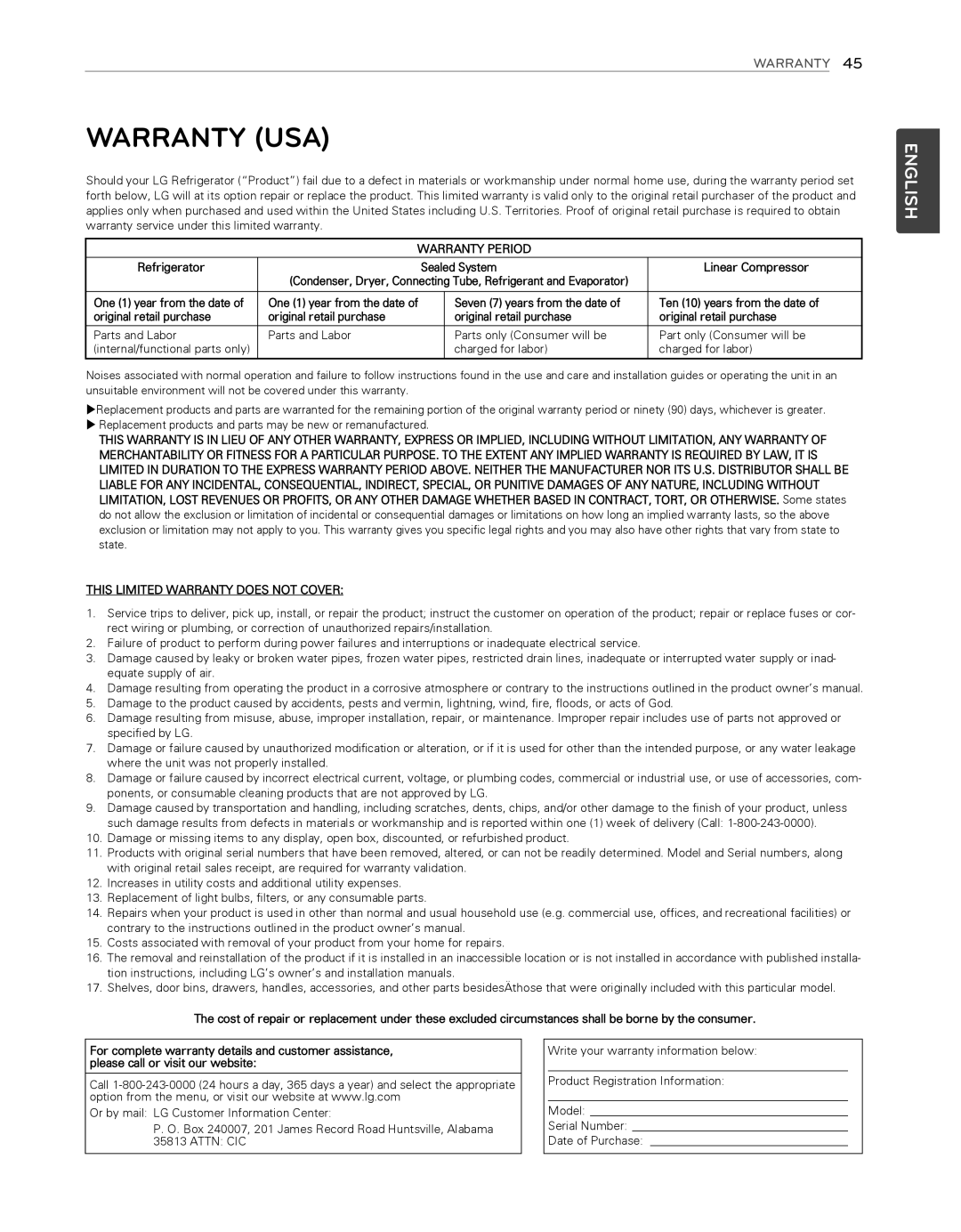 LG Electronics LFX25974ST, LFX25974SB owner manual Warranty USA, Warranty Period 