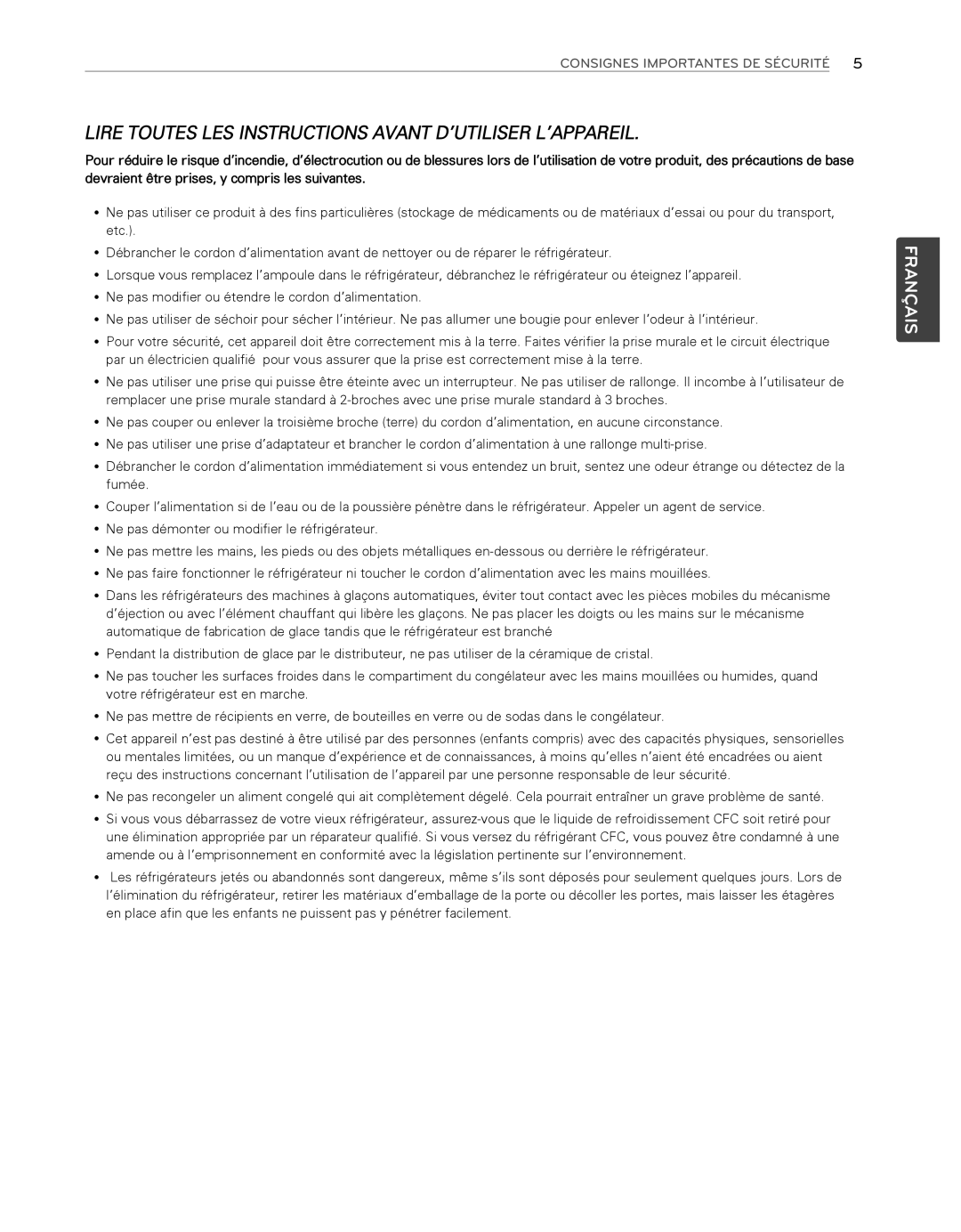 LG Electronics LFX25974ST, LFX25974SB owner manual Lire Toutes LES Instructions Avant D’UTILISER L’APPAREIL 