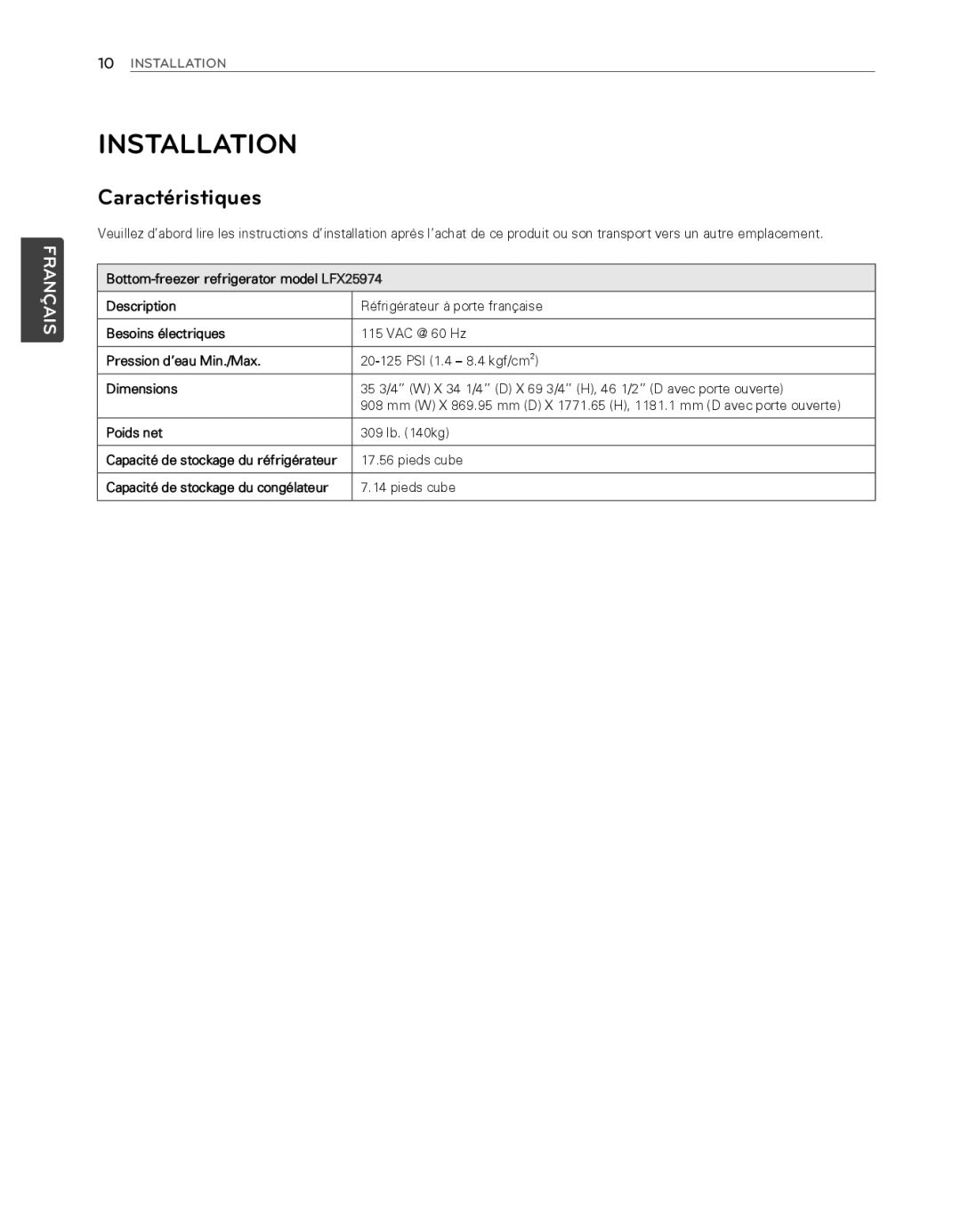 LG Electronics LFX25974SB, LFX25974ST owner manual Caractéristiques 