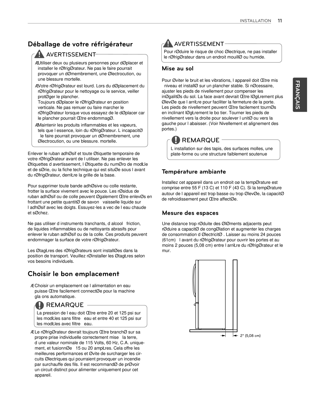 LG Electronics LFX25974ST Déballage de votre réfrigérateur, Choisir le bon emplacement, Mise au sol, Température ambiante 