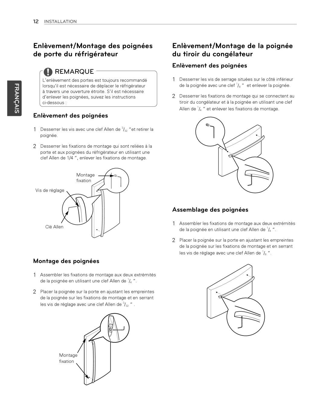 LG Electronics LFX25974SB, LFX25974ST Enlèvement/Montage de la poignée du tiroir du congélateur, Enlèvement des poignées 