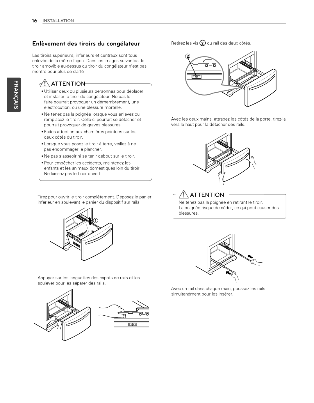 LG Electronics LFX25974SB, LFX25974ST owner manual Enlèvement des tiroirs du congélateur 