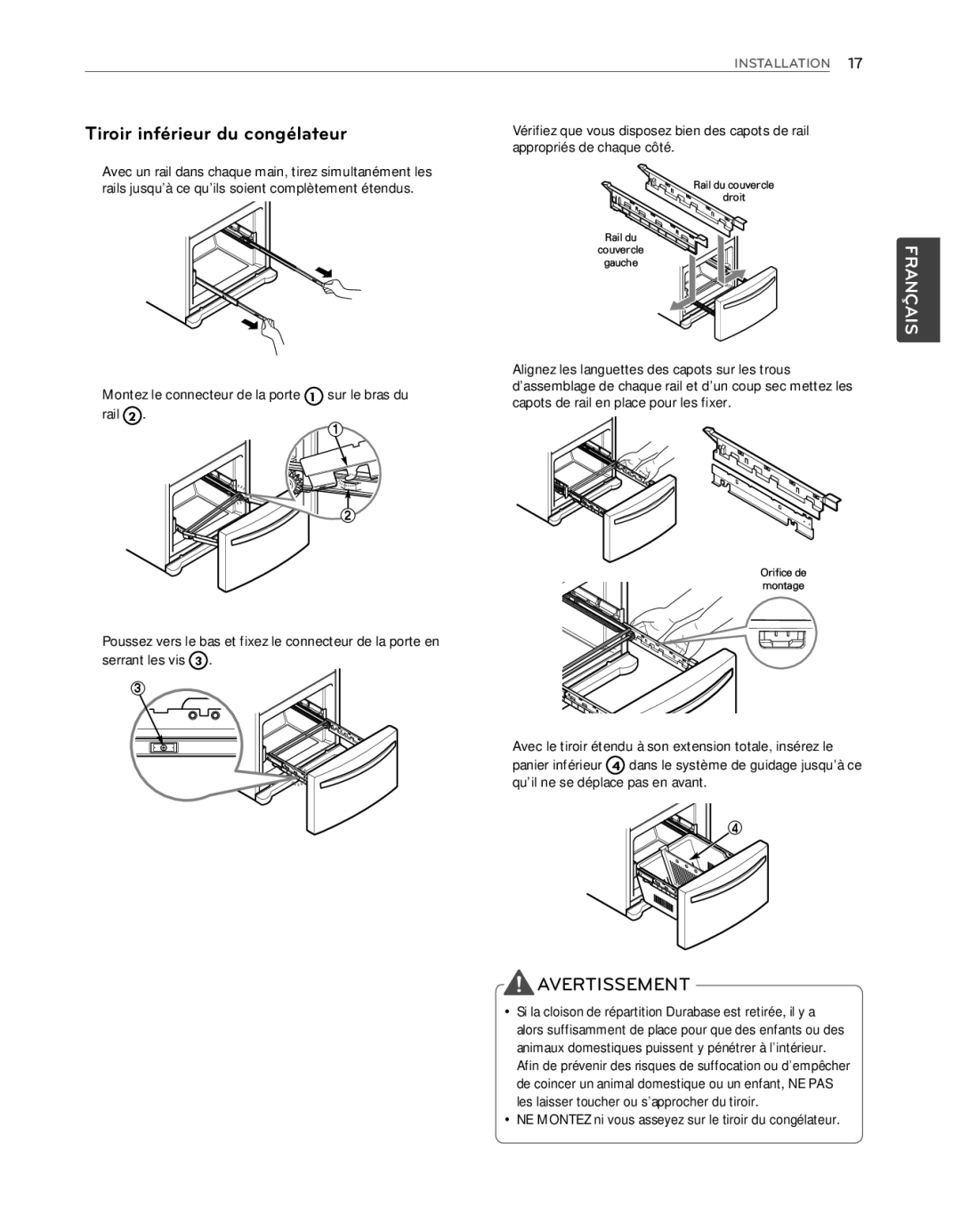 LG Electronics LFX25974ST, LFX25974SB Tiroir inférieur du congélateur, Vérifiez que vous disposez bien des capots de rail 