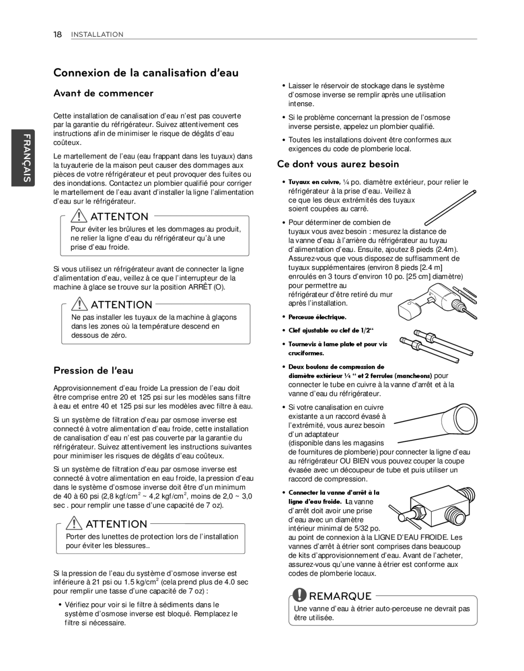 LG Electronics LFX25974SB, LFX25974ST owner manual Connexion de la canalisation d’eau, Avant de commencer, Pression de l’eau 