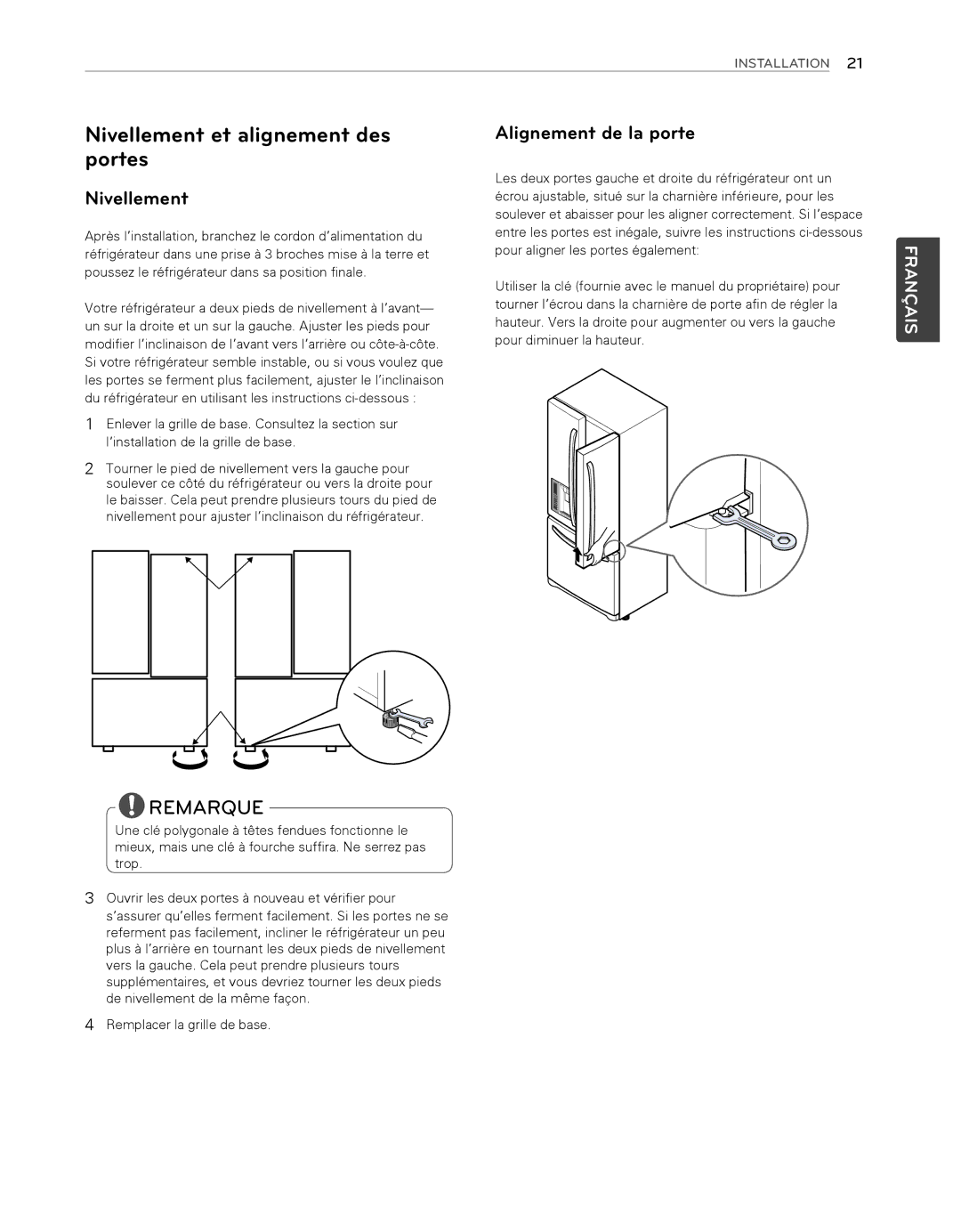 LG Electronics LFX25974ST, LFX25974SB owner manual Nivellement et alignement des portes, Alignement de la porte 