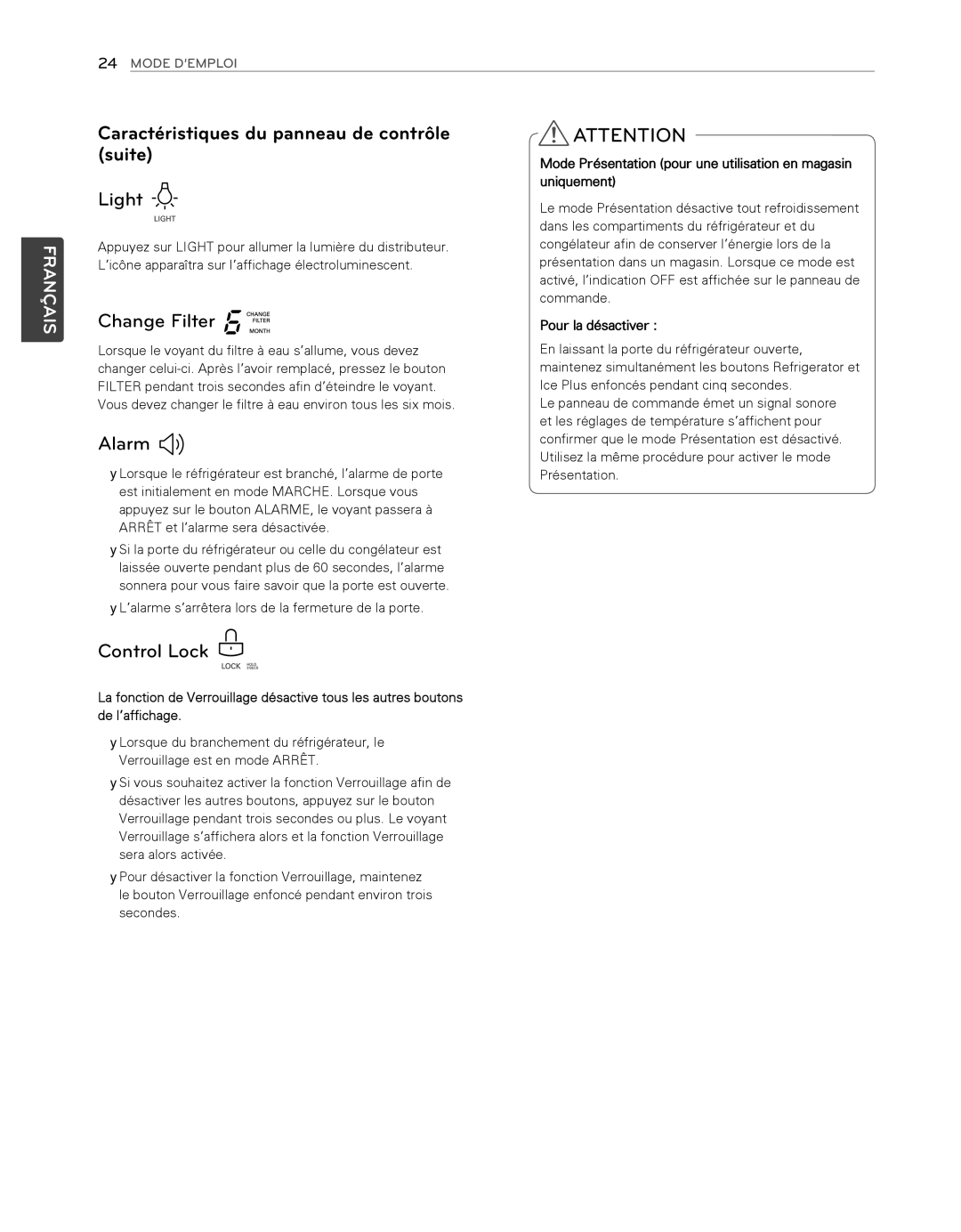 LG Electronics LFX25974SB, LFX25974ST owner manual Caractéristiques du panneau de contrôle suite, Pour la désactiver 