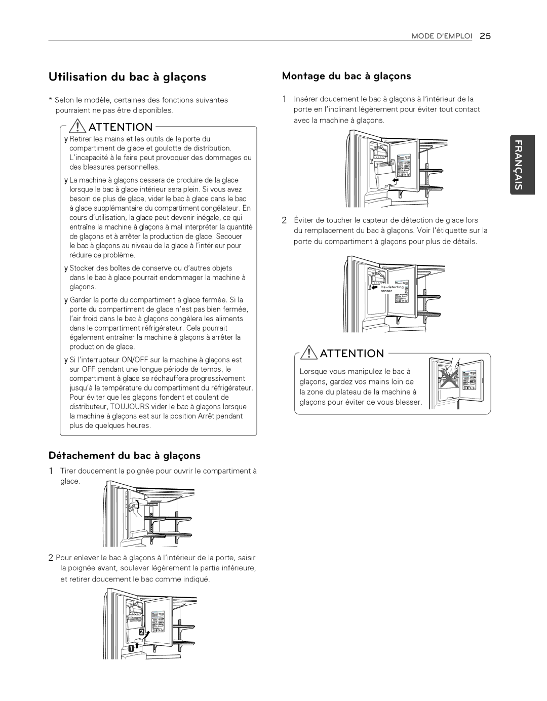 LG Electronics LFX25974ST, LFX25974SB Utilisation du bac à glaçons, Montage du bac à glaçons, Détachement du bac à glaçons 