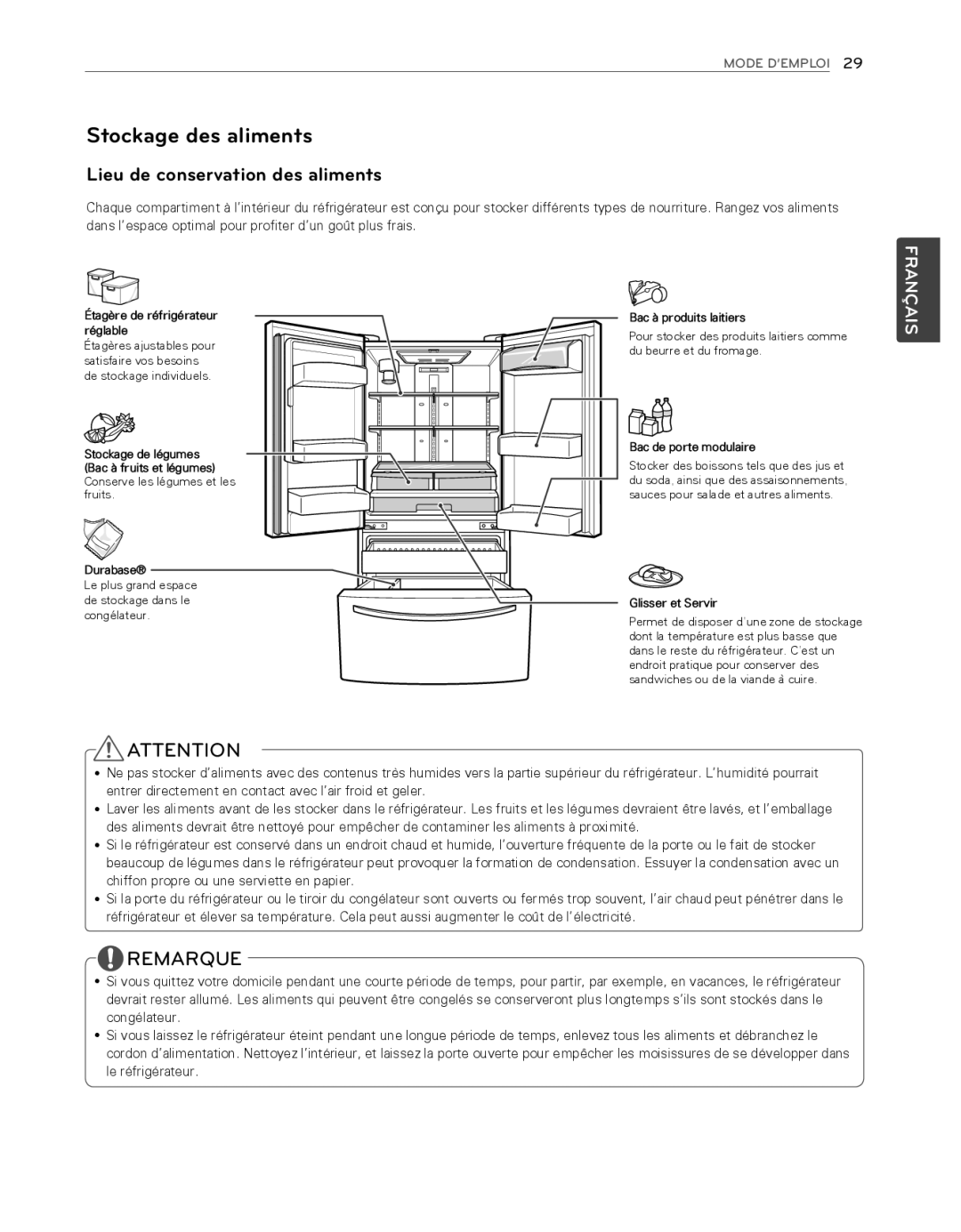 LG Electronics LFX25974ST, LFX25974SB owner manual Stockage des aliments, Lieu de conservation des aliments 