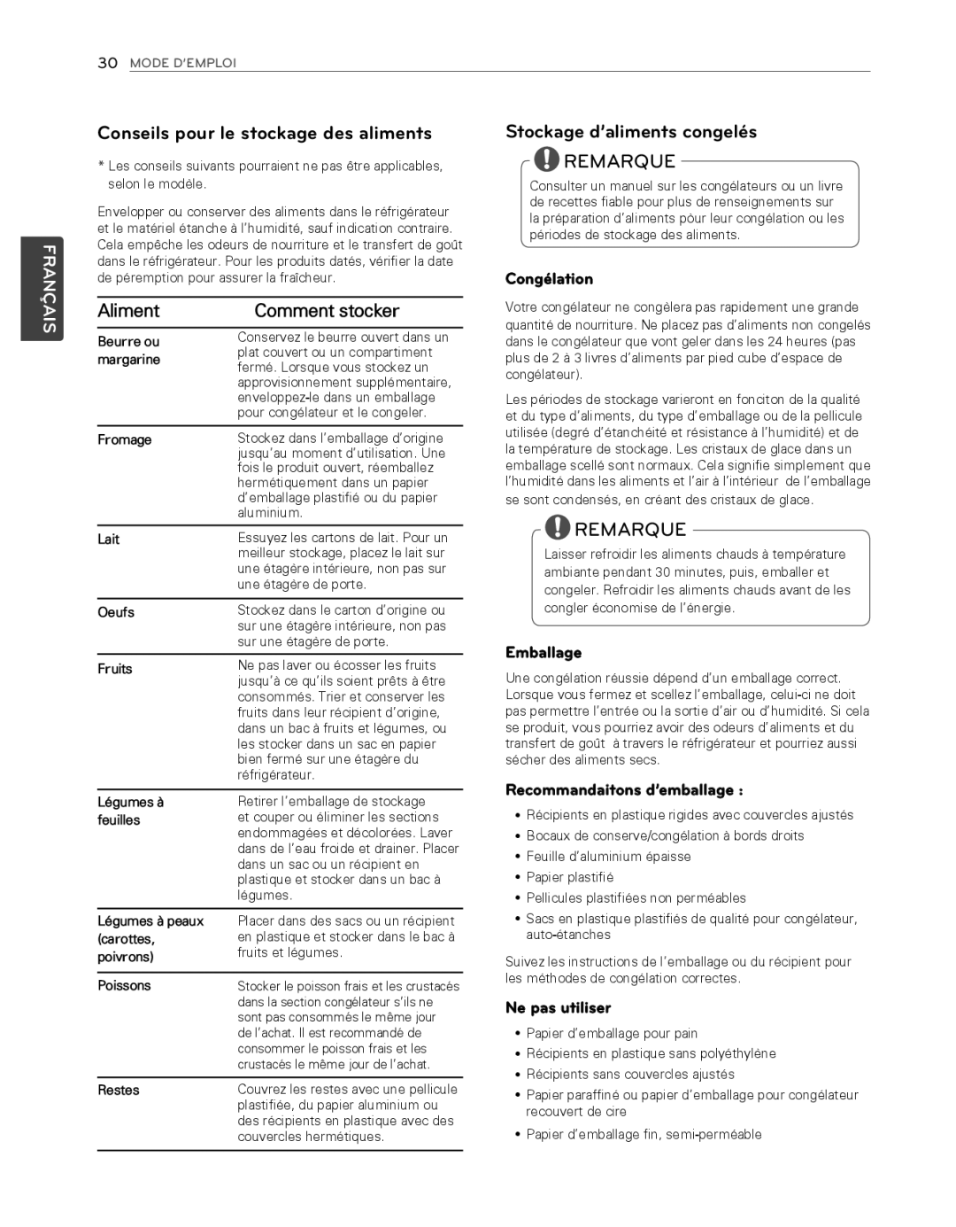 LG Electronics LFX25974SB, LFX25974ST owner manual Conseils pour le stockage des aliments, Stockage d’aliments congelés 