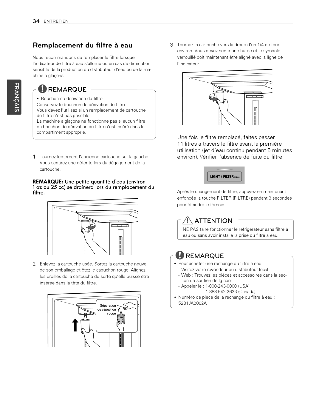 LG Electronics LFX25974SB, LFX25974ST owner manual Remplacement du filtre à eau 