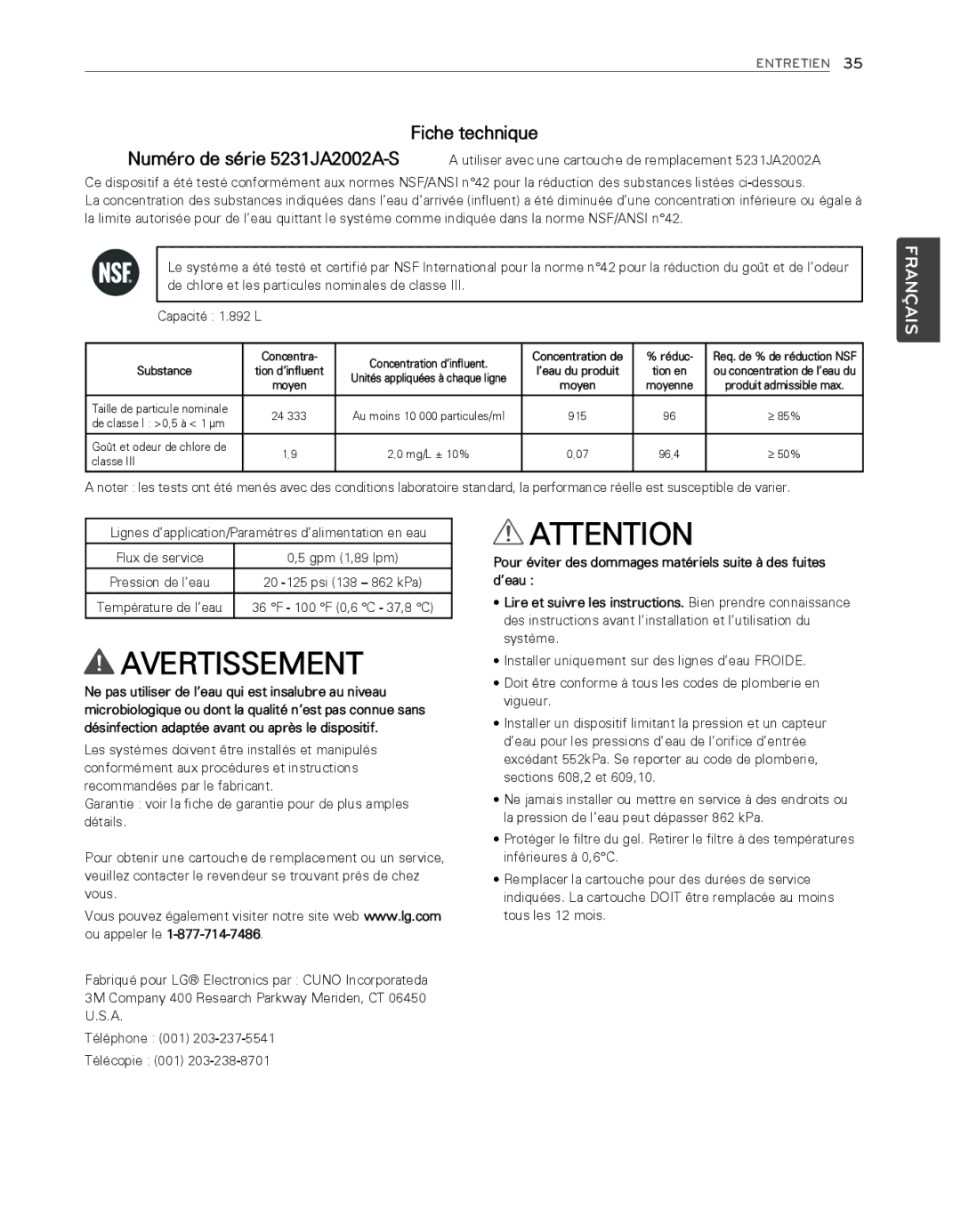 LG Electronics LFX25974ST, LFX25974SB owner manual Fiche technique, 100 F 0,6 37,8 C 