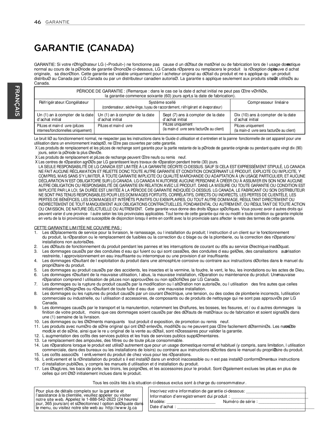 LG Electronics LFX25974SB, LFX25974ST owner manual Garantie Canada, ’assistance à la clientèle, veuillez appeler ou visiter 