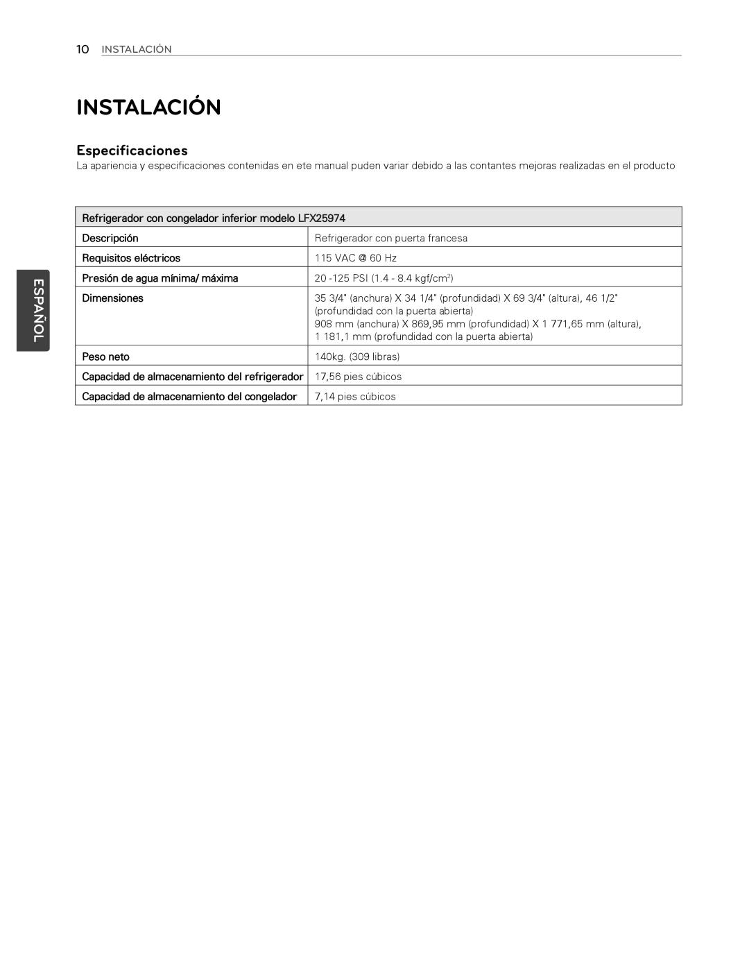 LG Electronics LFX25974SB Instalación, Especificaciones, Descripción, Requisitos eléctricos, Español, Dimensiones 