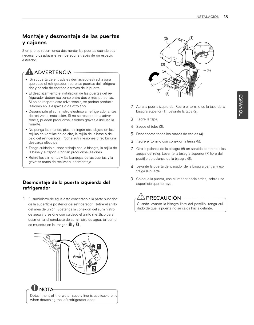 LG Electronics LFX25974ST, LFX25974SB owner manual Advertencia, Precaución, Nota, Español, Instalación, Virola 