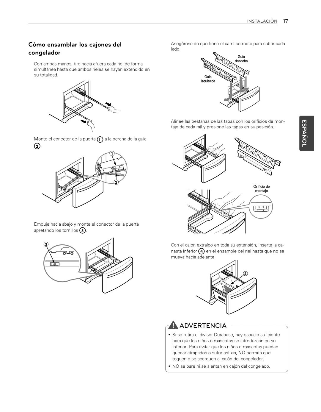 LG Electronics LFX25974ST, LFX25974SB Advertencia, Cómo ensamblar los cajones del congelador, Español, Instalación 