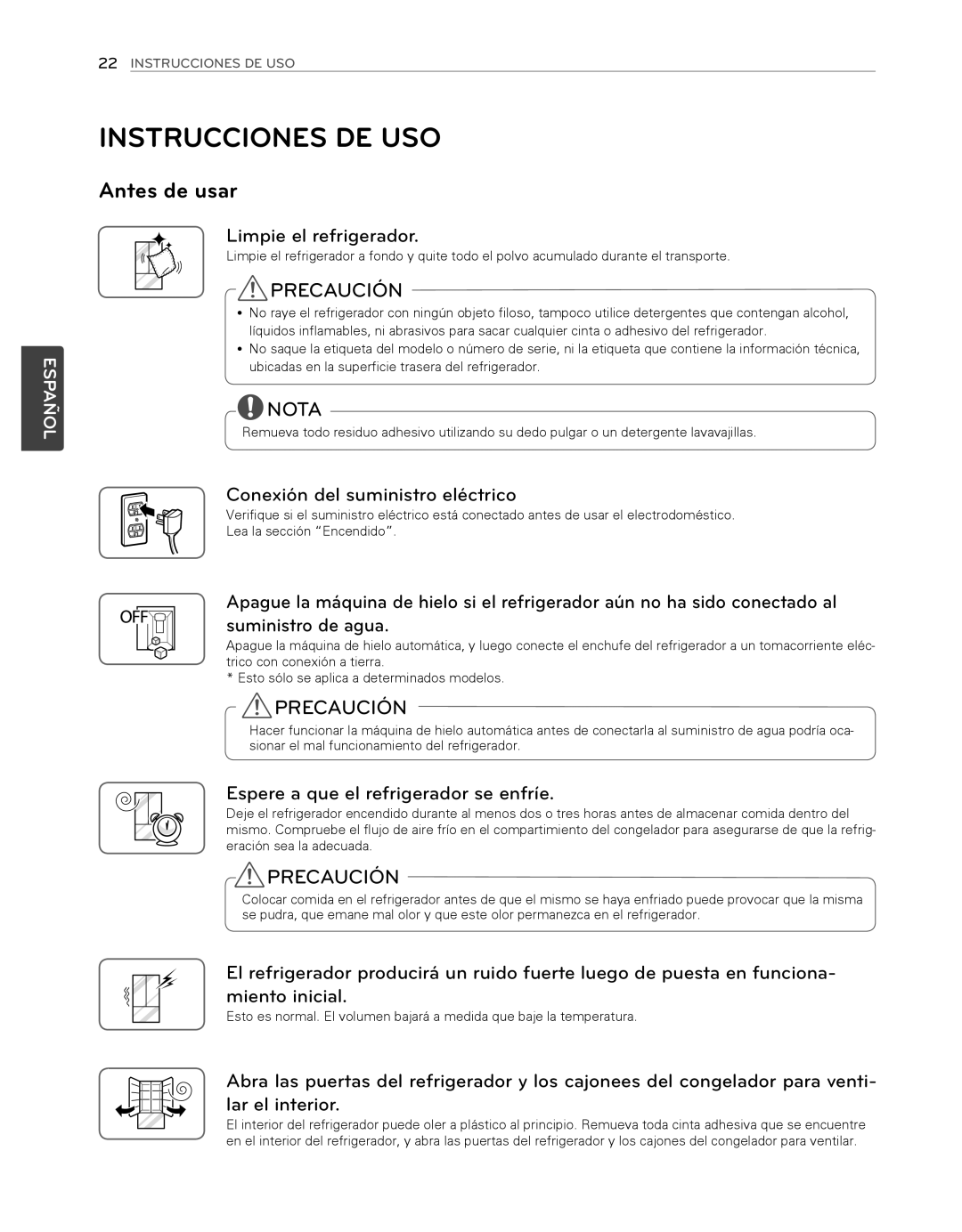LG Electronics LFX25974SB Instrucciones De Uso, Precaución, Nota, Limpie el refrigerador, Español, 22INSTRUCCIONES DE USO 