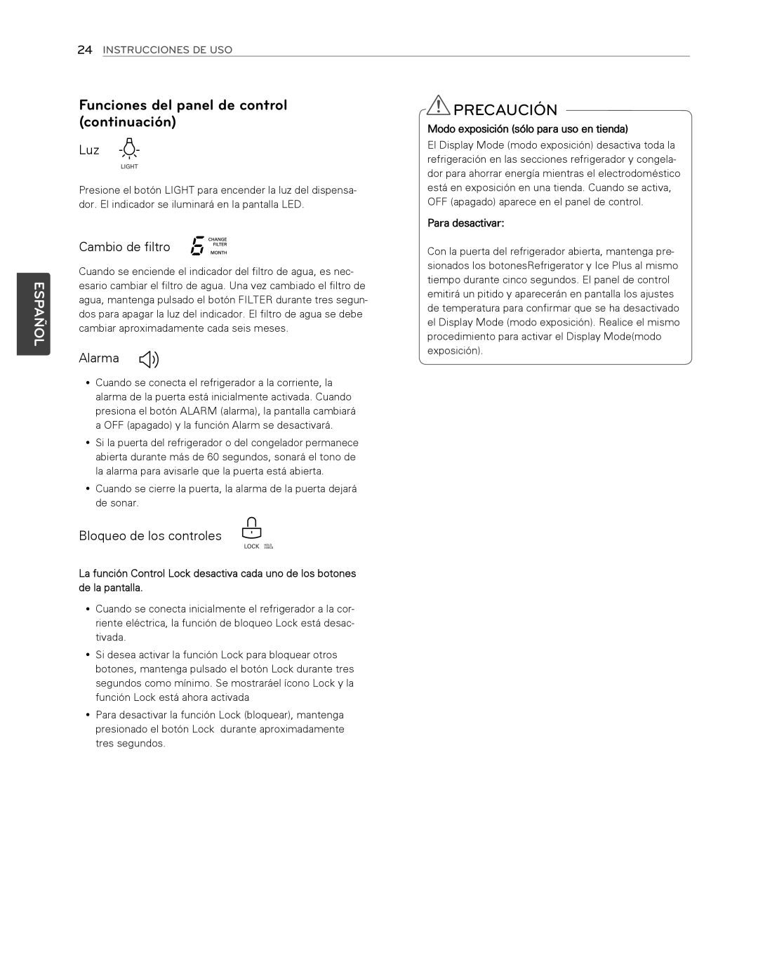 LG Electronics LFX25974SB Precaución, Funciones del panel de control continuación, Español, Cambio de filtro, Alarma 