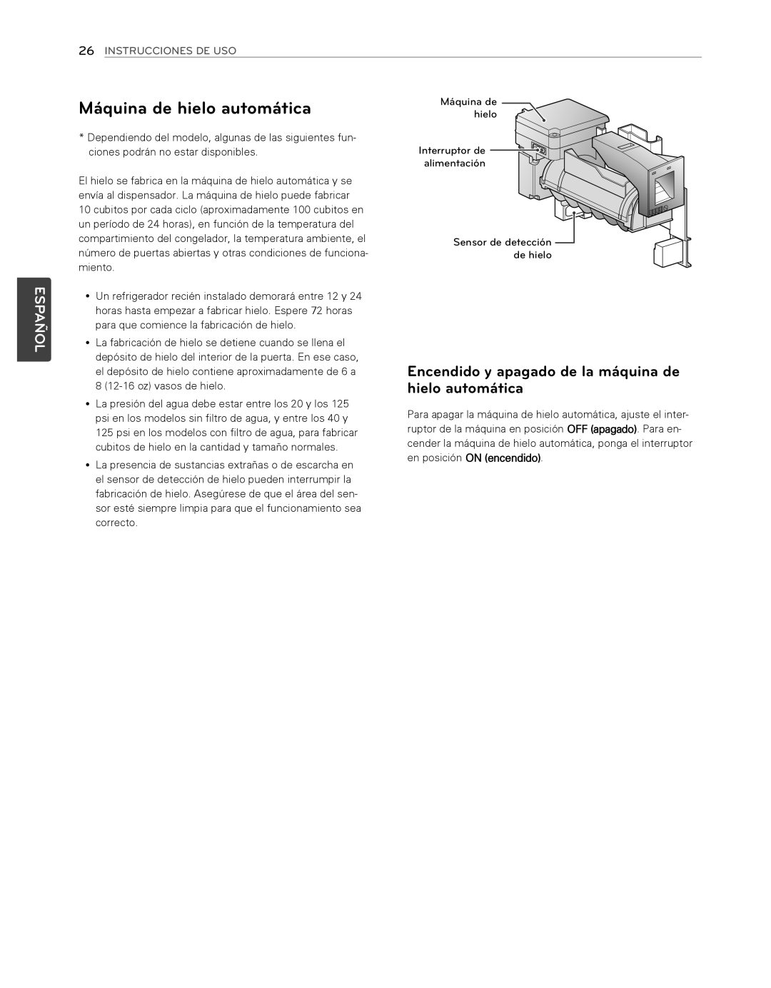 LG Electronics LFX25974SB, LFX25974ST owner manual Máquina de hielo automática, Español, 26INSTRUCCIONES DE USO 