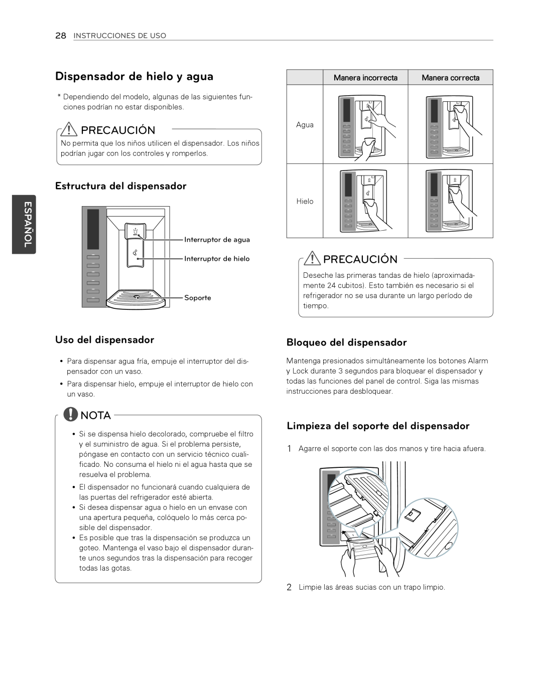LG Electronics LFX25974SB Precaución, Nota, Estructura del dispensador, Uso del dispensador, Bloqueo del dispensador 