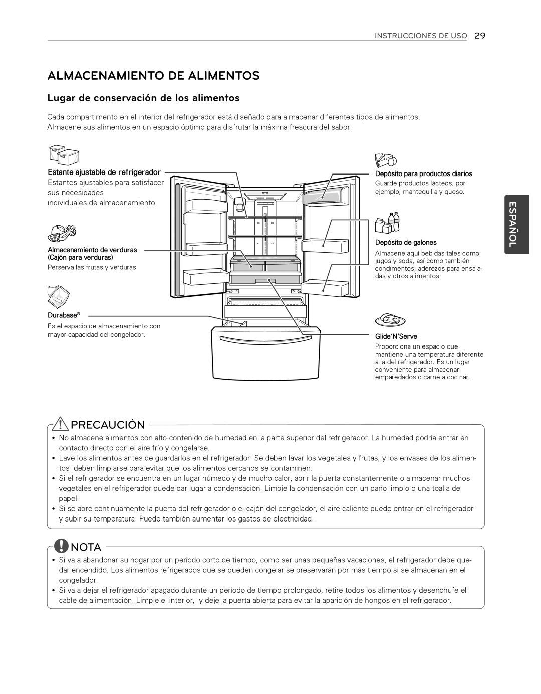LG Electronics LFX25974ST Precaución, Nota, Lugar de conservación de los alimentos, Español, Instrucciones De Uso 