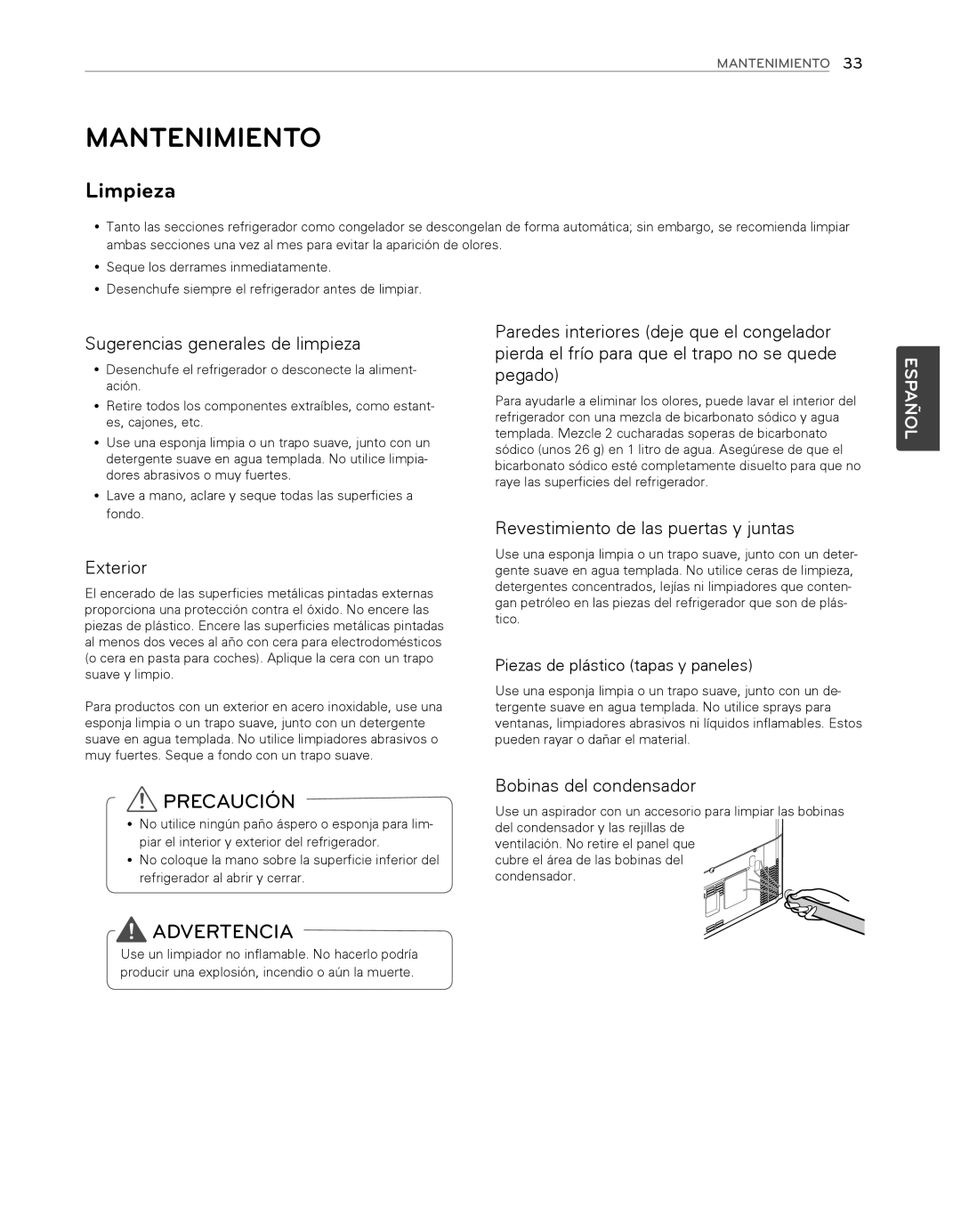 LG Electronics LFX25974ST Mantenimiento, Precaución, Advertencia, Sugerencias generales de limpieza, Exterior, Español 