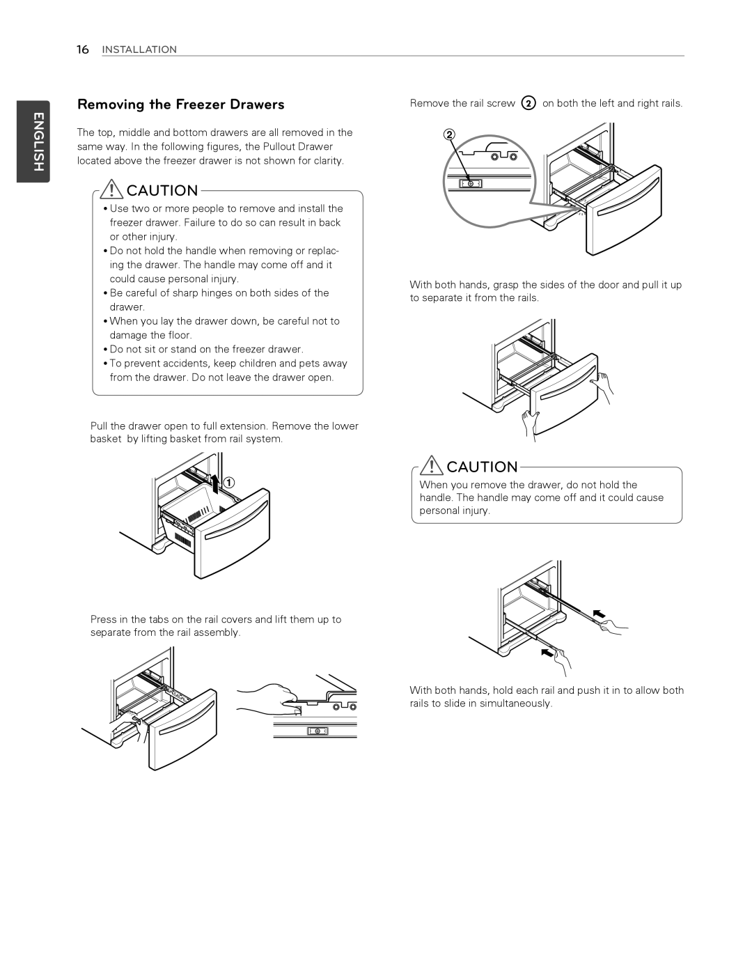 LG Electronics LFX25974SB, LFX25974ST owner manual Removing the Freezer Drawers, English, 16INSTALLATION 