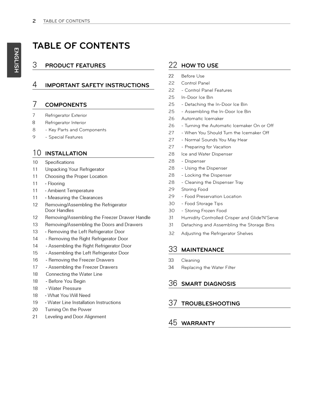 LG Electronics LFX25974SB Table Of Contents, English, Product Features, IMPORTANT SAFETY INSTRUCTIONS 7 COMPONENTS 