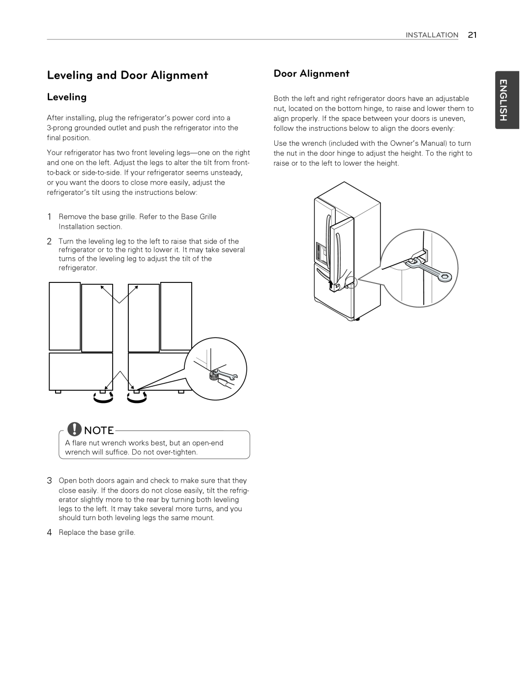 LG Electronics LFX25974ST, LFX25974SB owner manual Leveling and Door Alignment, English, Installation 