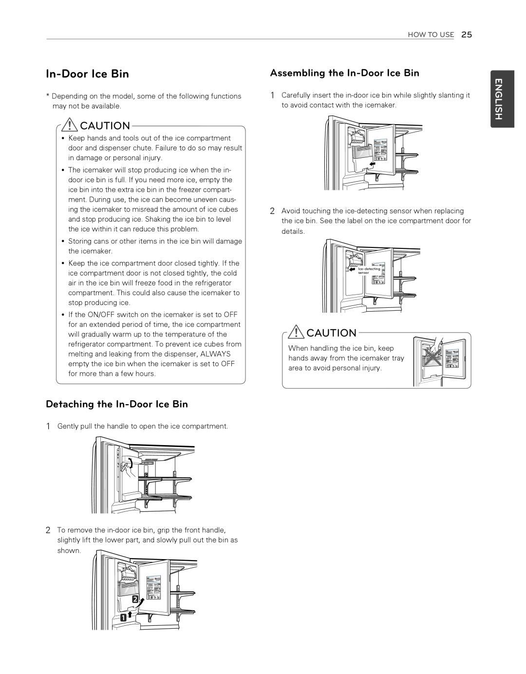 LG Electronics LFX25974ST, LFX25974SB Assembling the In-DoorIce Bin, Detaching the In-DoorIce Bin, English, How To Use 