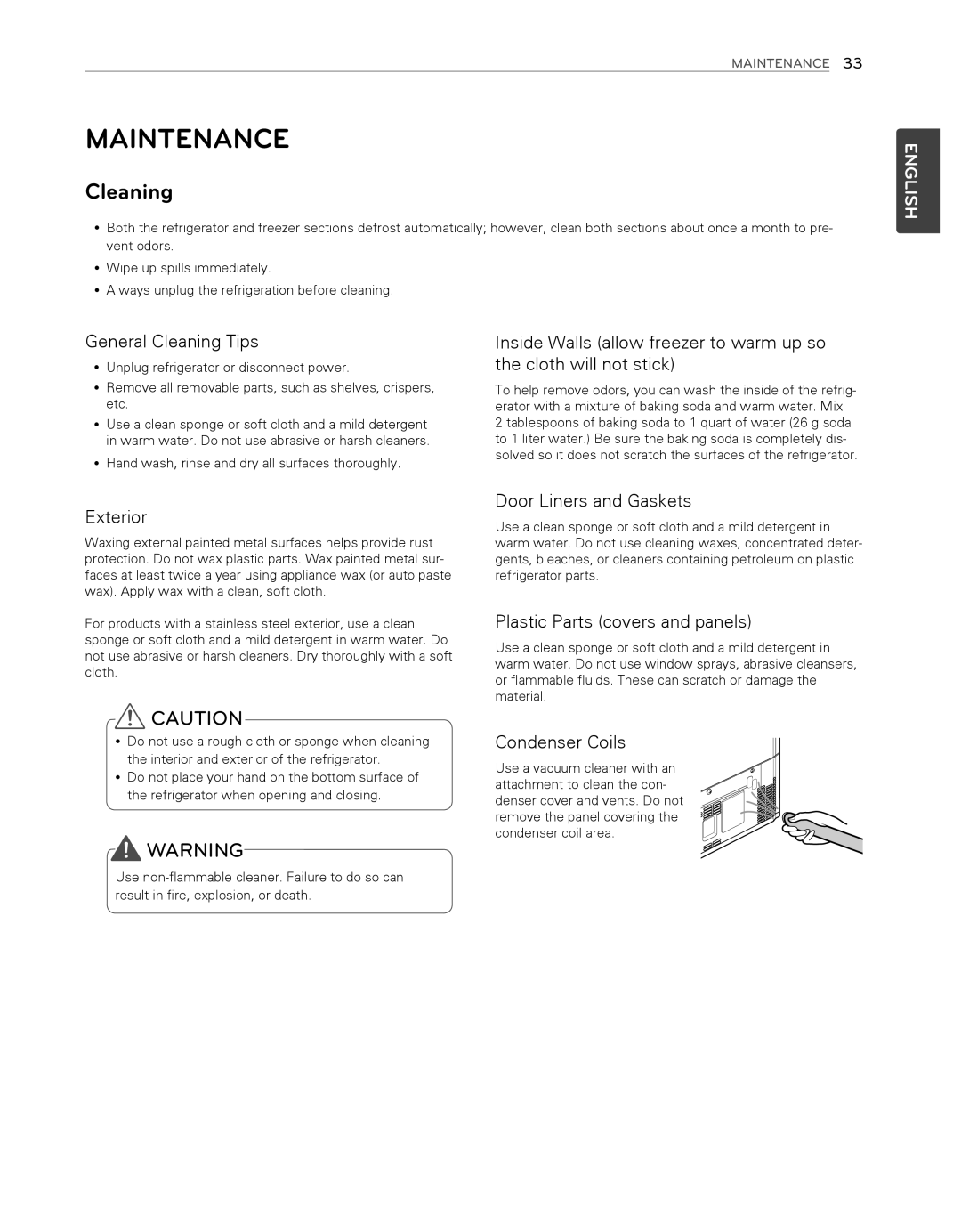 LG Electronics LFX25974ST Maintenance, English, General Cleaning Tips, Exterior, Door Liners and Gaskets, Condenser Coils 