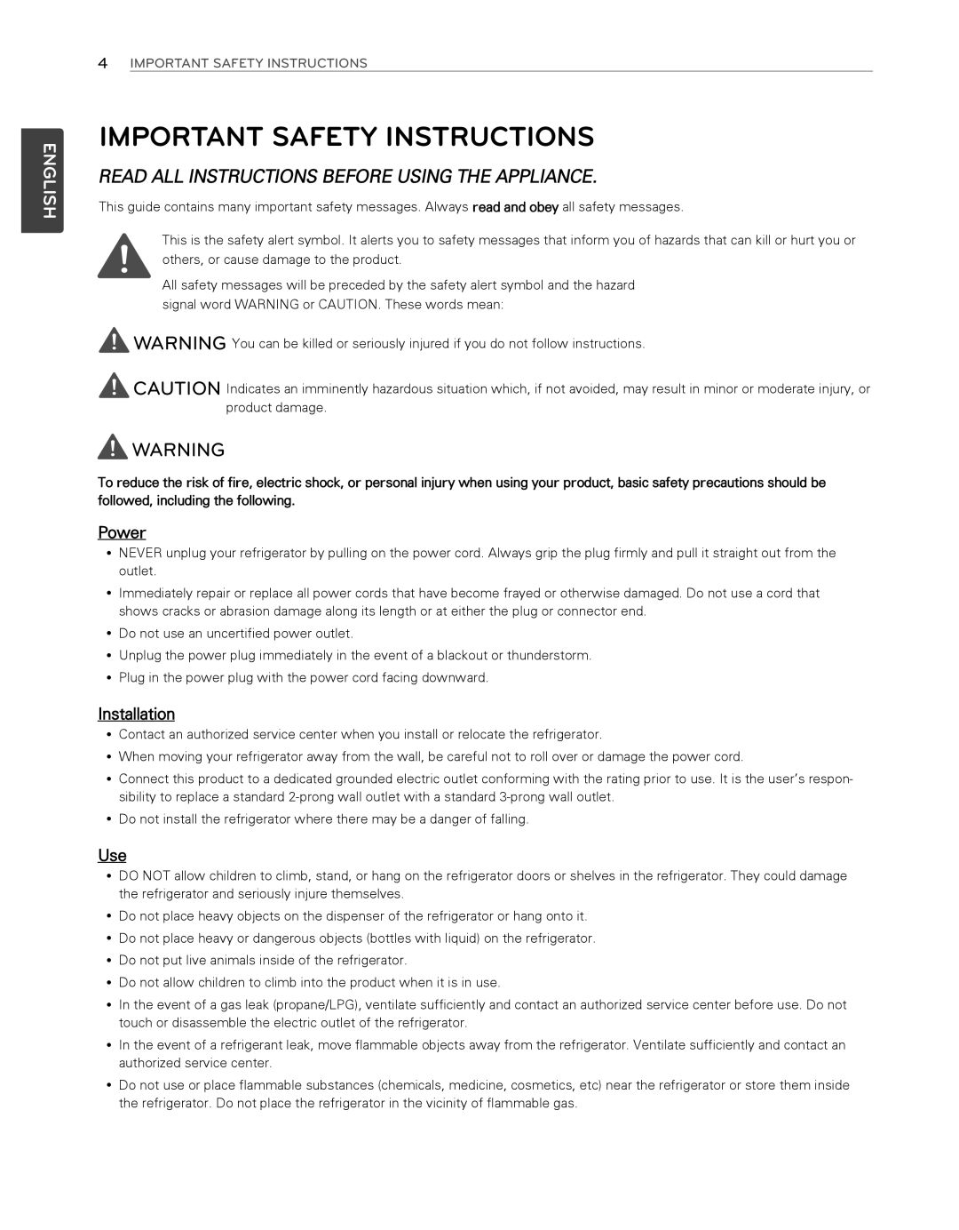 LG Electronics LFX25974SB Important Safety Instructions, English, Read All Instructions Before Using The Appliance, Power 