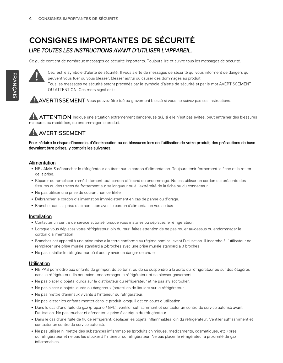 LG Electronics LFX25974SB Consignes Importantes De Sécurité, Avertissement, Français, Alimentation, Installation 