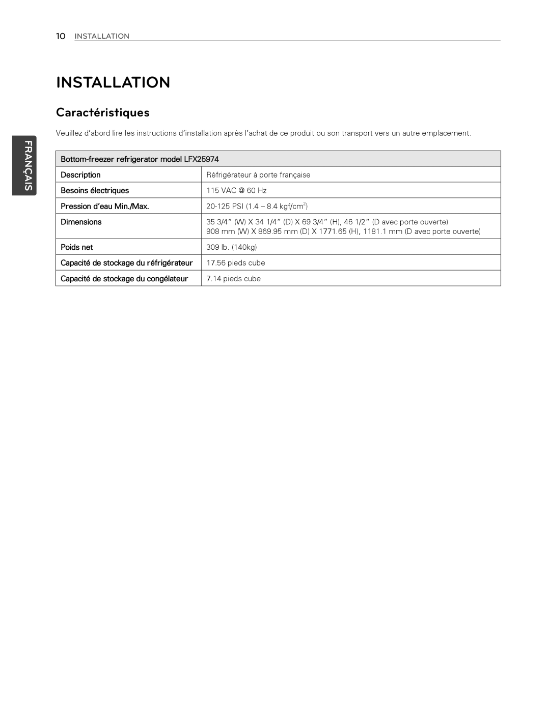 LG Electronics LFX25974SB Installation, 10INSTALLATION, Bottom-freezerrefrigerator model LFX25974, Description, Dimensions 