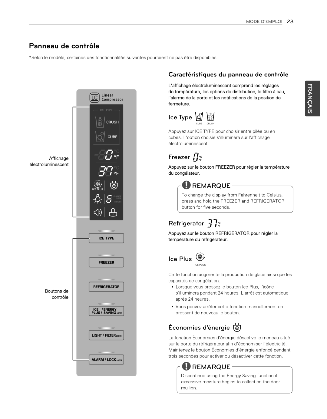 LG Electronics LFX25974ST Remarque, Caractéristiques du panneau de contrôle, Ice Type, Freezer, Refrigerator, Ice Plus 