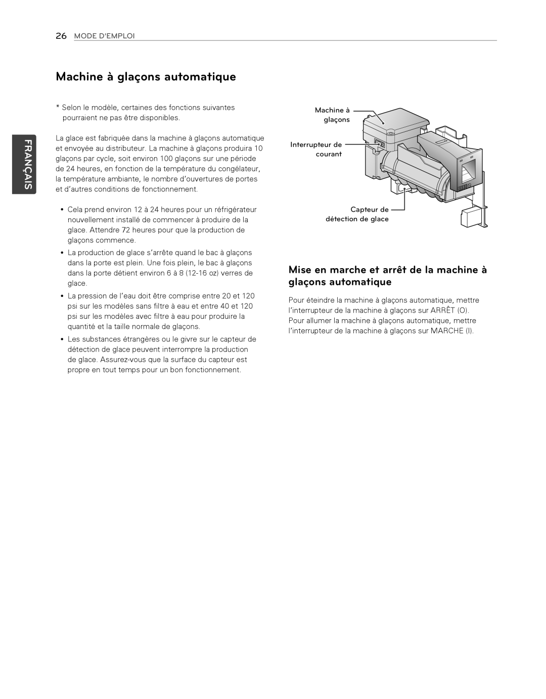 LG Electronics LFX25974SB, LFX25974ST owner manual Machine à glaçons automatique, Français, 26MODE D’EMPLOI 