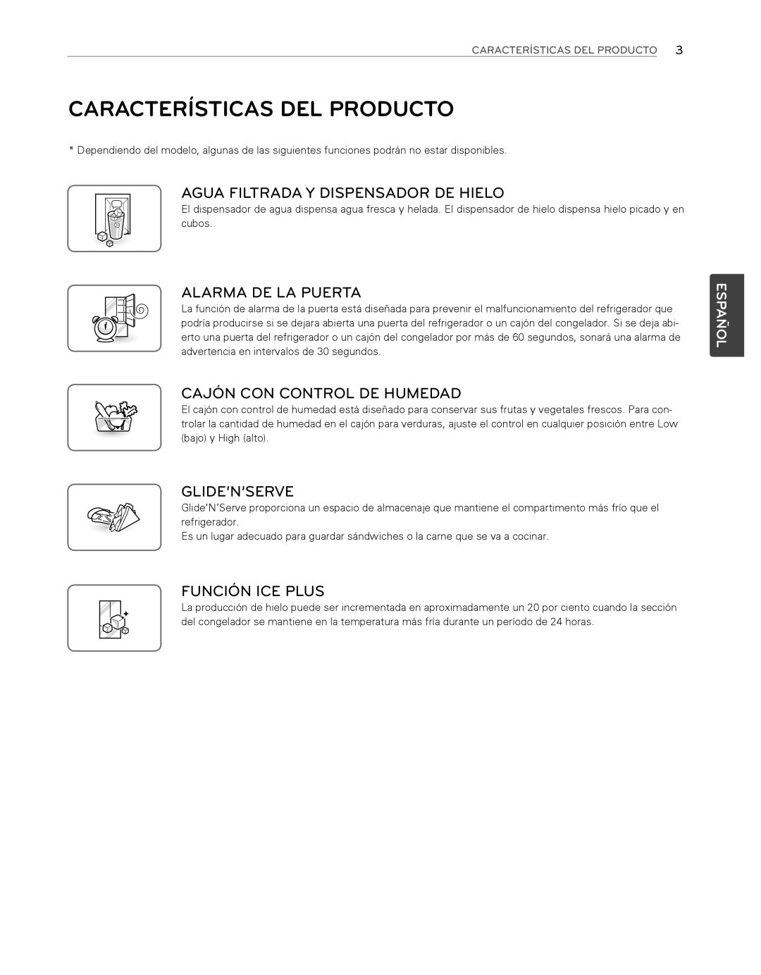 LG Electronics LFX25974ST Características Del Producto, Agua Filtrada Y Dispensador De Hielo, Alarma De La Puerta, Español 