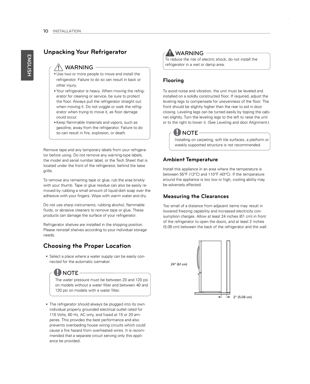 LG Electronics LFX31945ST Unpacking Your Refrigerator, Choosing the Proper Location, Flooring, Ambient Temperature 