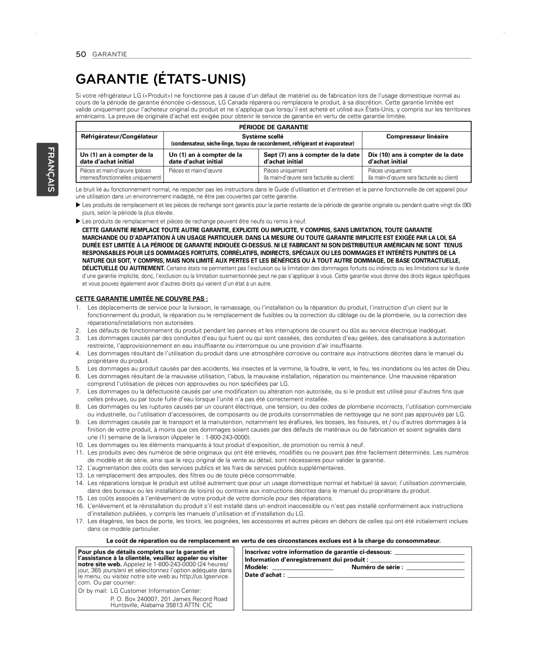 LG Electronics LFX31945ST owner manual Garantie ÉTATS-UNIS, Période DE Garantie 