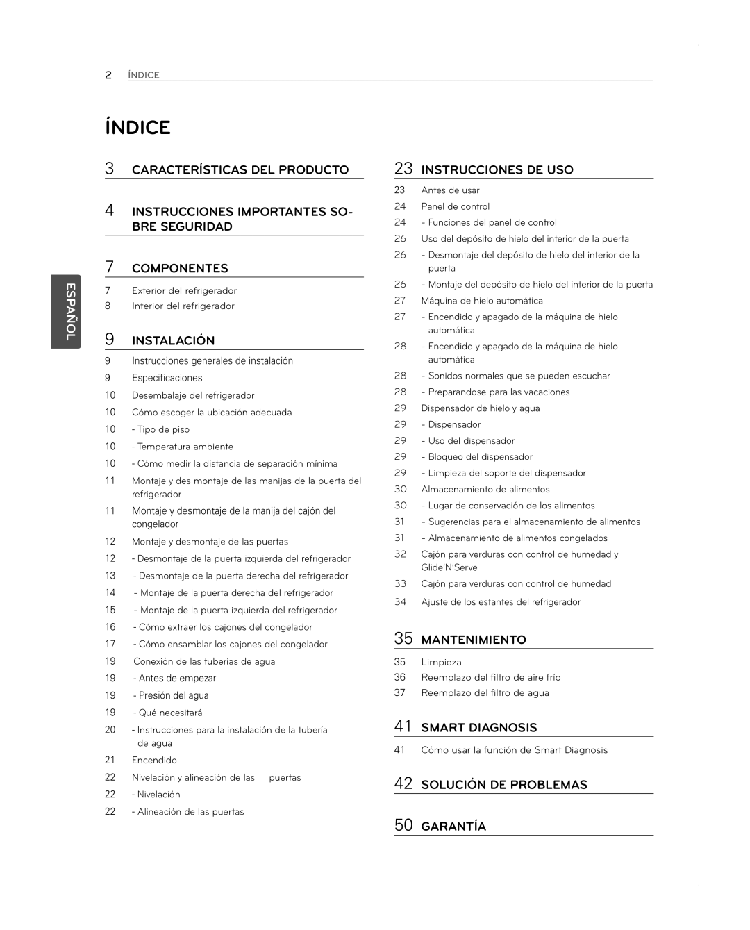 LG Electronics LFX31945ST owner manual Índice, Nivelación y alineación de las puertas 