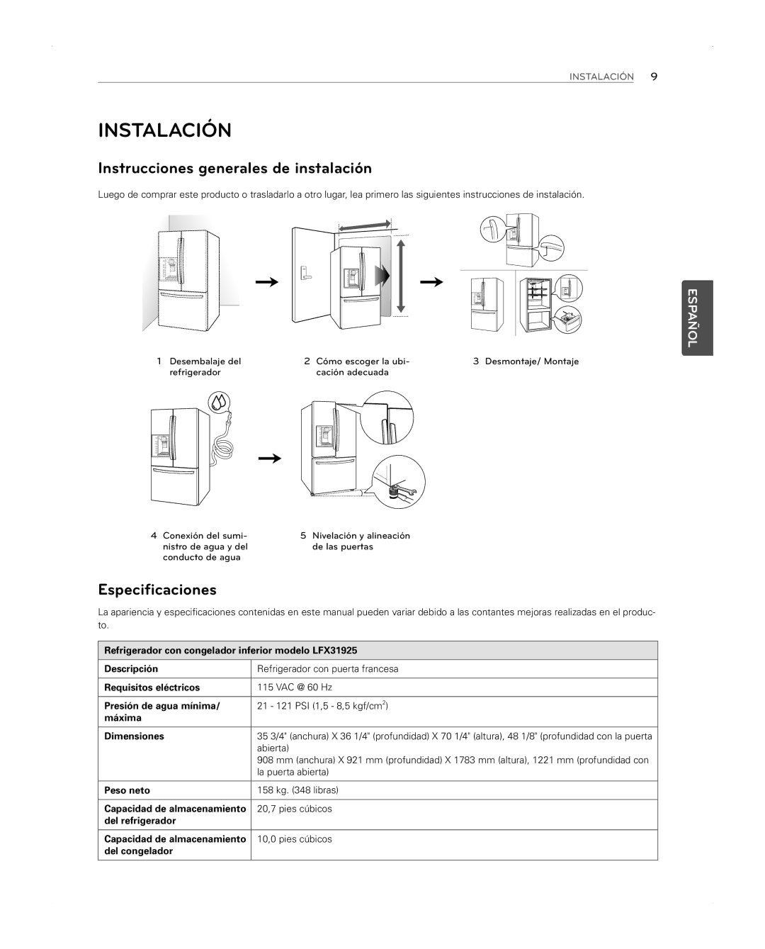 LG Electronics LFX31945ST owner manual Instalación, Instrucciones generales de instalación, Especificaciones, Abierta 