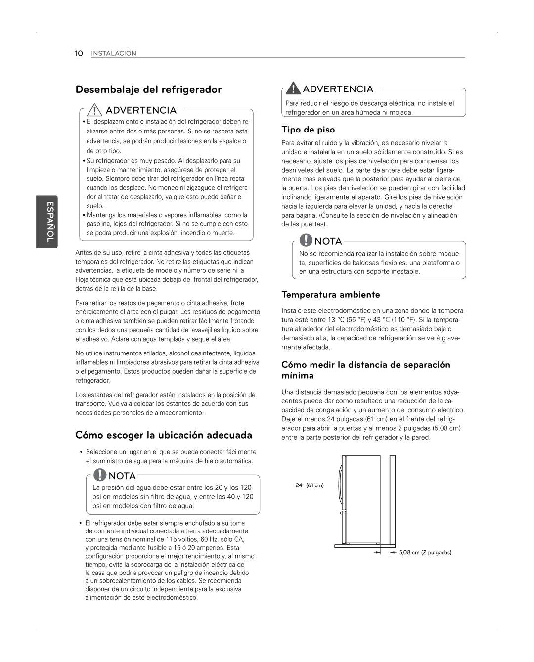 LG Electronics LFX31945ST owner manual Desembalaje del refrigerador, Cómo escoger la ubicación adecuada, Tipo de piso 