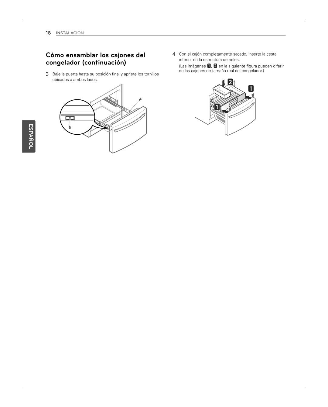 LG Electronics LFX31945ST owner manual Congelador continuación, Con el cajón completamente sacado, inserte la cesta 