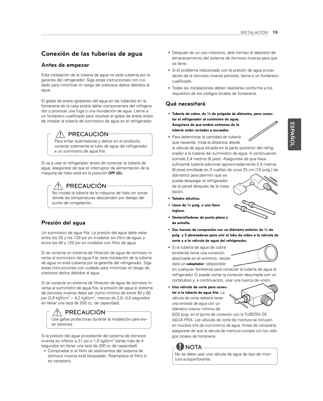 LG Electronics LFX31945ST owner manual Conexión de las tuberías de agua, Antes de empezar, Presión del agua, Qué necesitará 